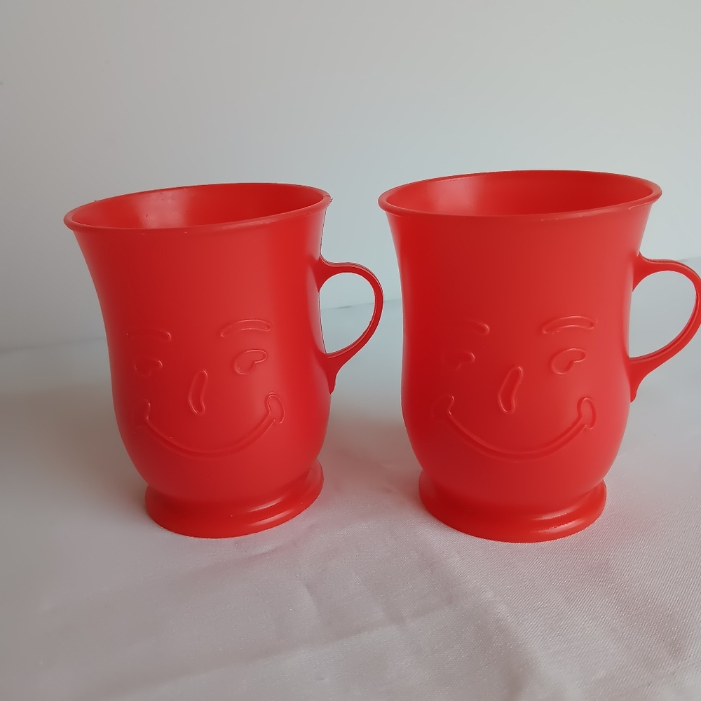 Vintage Kool Aid Red Smiley Face Plastic Mugs Lot Of 2
